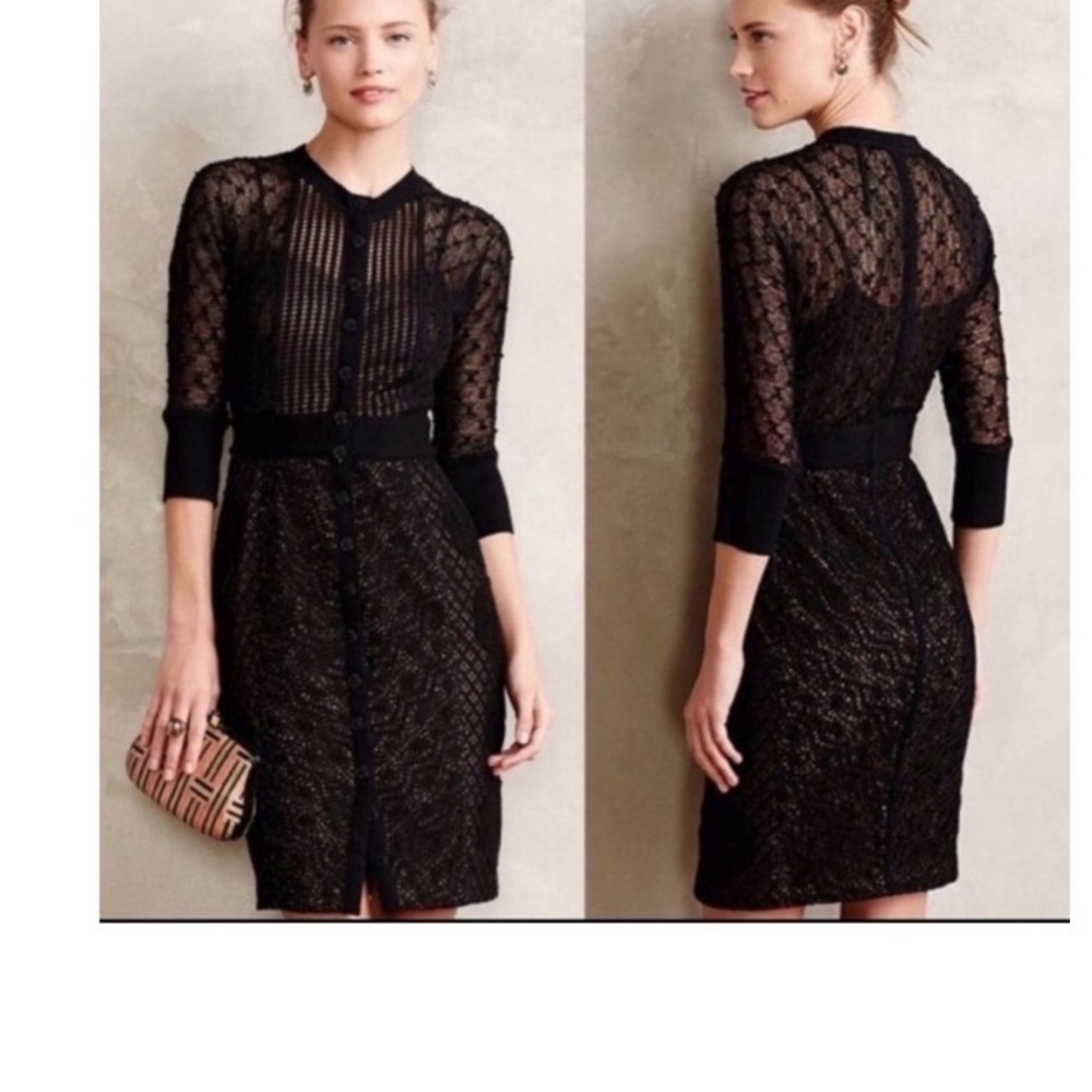 Anthropologie Byron Lars Beguile Mona Black Lace Button Front‎ Dress Lace Size 2 - Picture 6 of 14